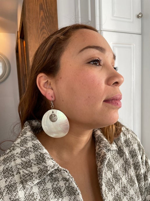 Boucle d'oreille coquillage 6 cm avec palourde+étoile de mer argentée-Acier inoxydable