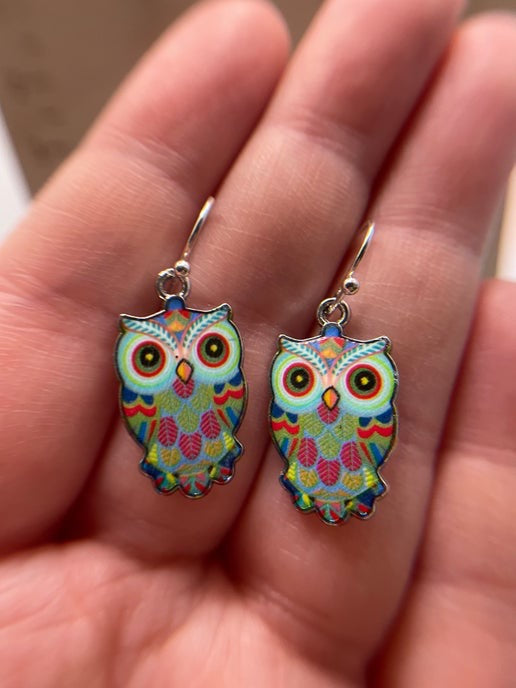 Boucles d'oreilles pendantes en émail motif hibou (4 options de couleurs)