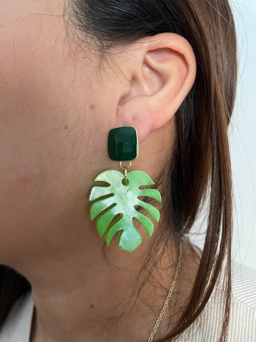 Monstera Green Earrings with Green enamel Stud-NICKEL FREE