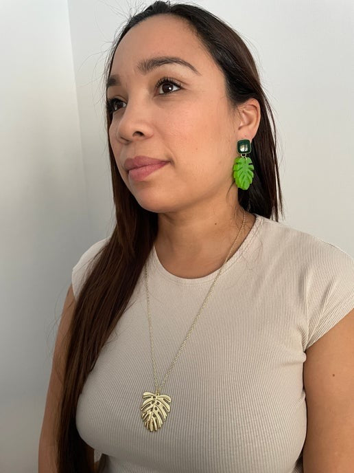 Monstera Green Earrings with Green enamel Stud-NICKEL FREE