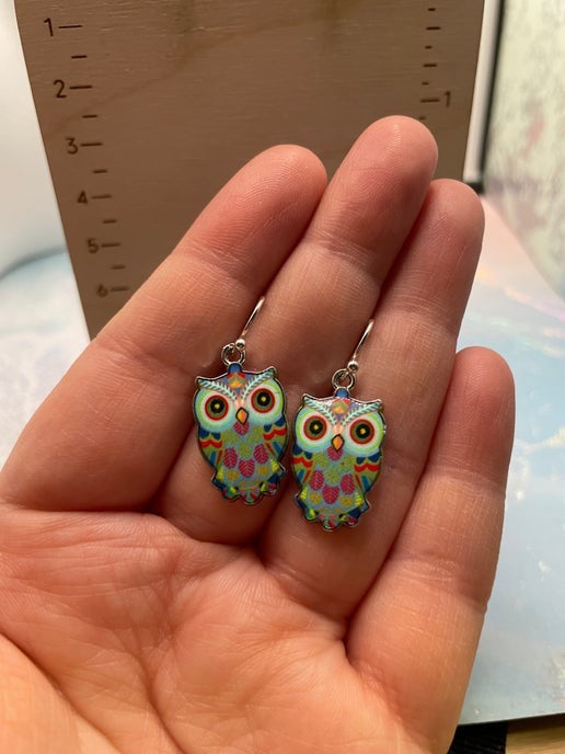 Boucles d'oreilles pendantes en émail motif hibou (4 options de couleurs)
