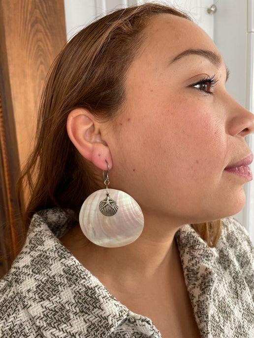 Boucle d'oreille coquillage 6 cm avec palourde+étoile de mer argentée-Acier inoxydable