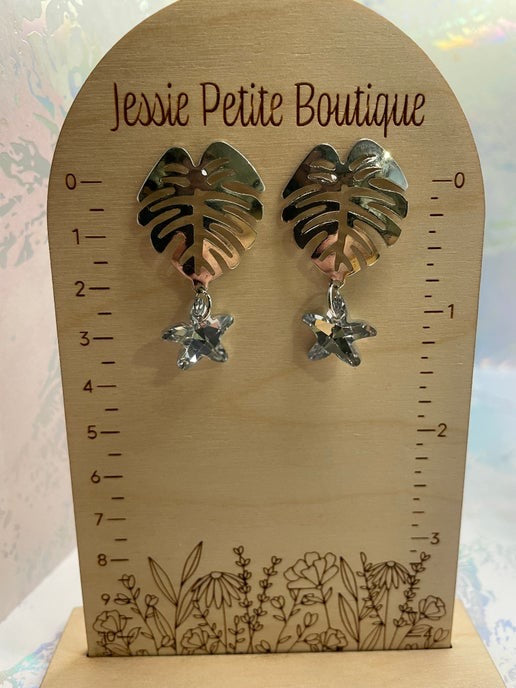 Silver Monstera Drop Earrings With Acrylic Star