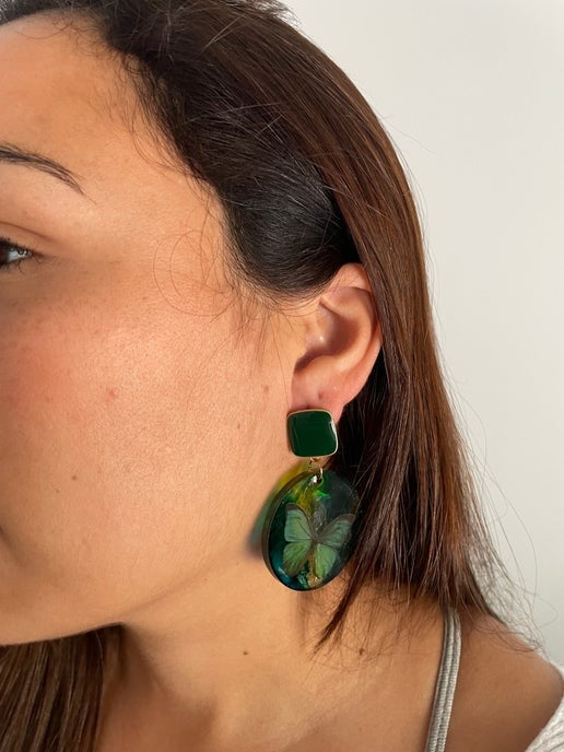 Green Butterfly Round Earrings-NICKEL FREE