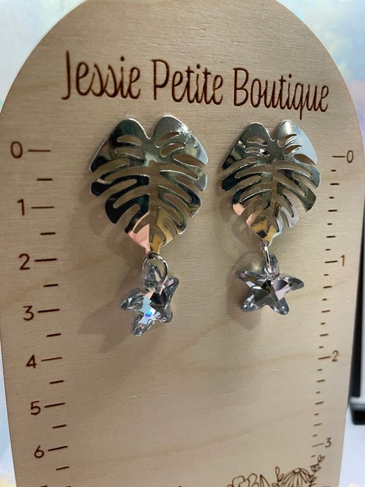 Silver Monstera Drop Earrings With Acrylic Star