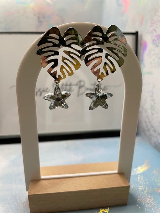 Silver Monstera Drop Earrings With Acrylic Star