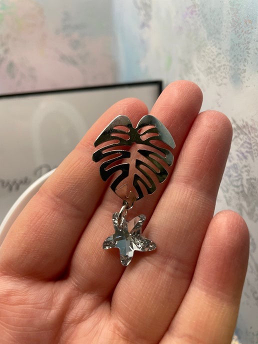 Silver Monstera Drop Earrings With Acrylic Star