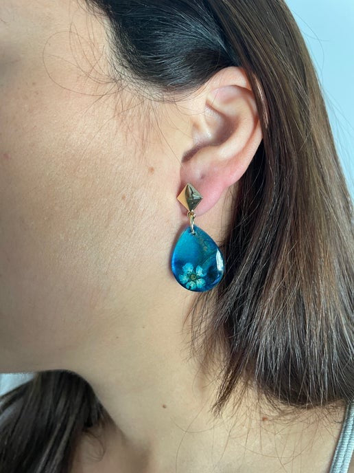 Flower on Blue Teardrop Earrings