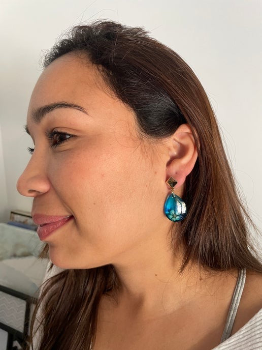 Flower on Blue Teardrop Earrings