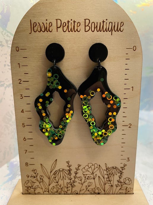 Funky Green Glitter on Black Earrings-Nickel Free