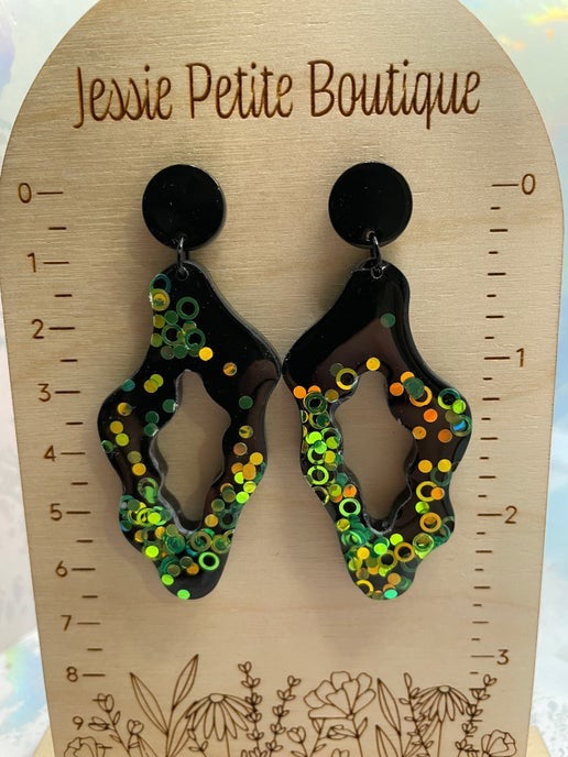 Funky Green Glitter on Black Earrings-Nickel Free