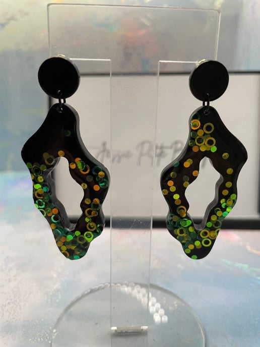 Funky Green Glitter on Black Earrings-Nickel Free