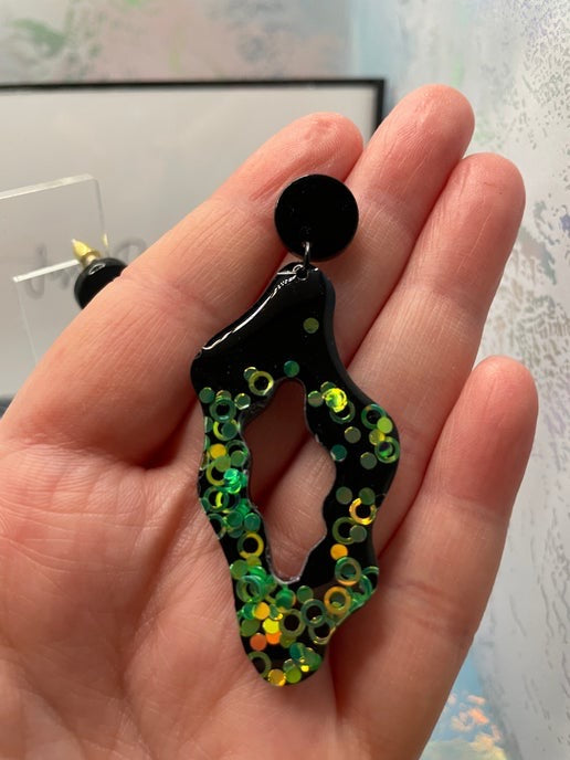 Funky Green Glitter on Black Earrings-Nickel Free