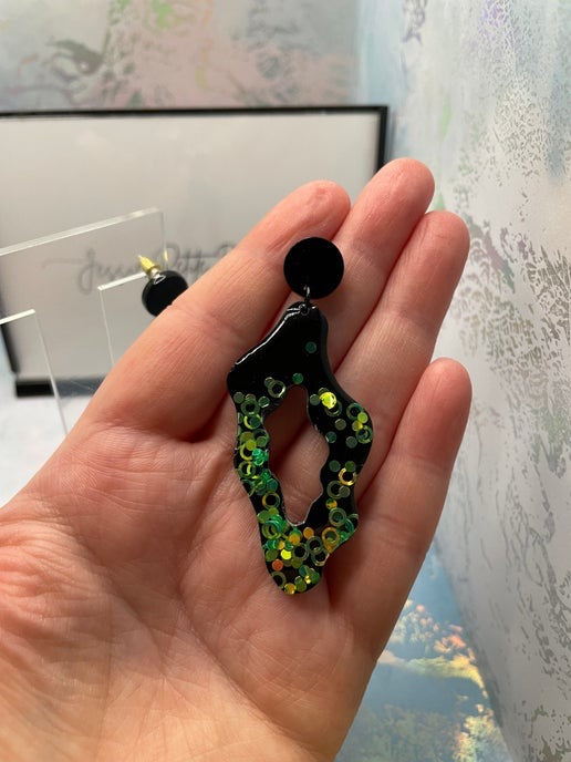 Funky Green Glitter on Black Earrings-Nickel Free