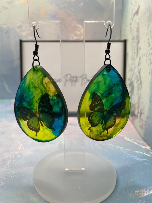 Boucles d'oreilles papillons bleus en vert et bleu-sans nickel