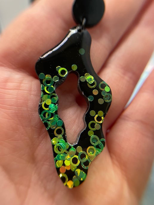 Funky Green Glitter on Black Earrings-Nickel Free