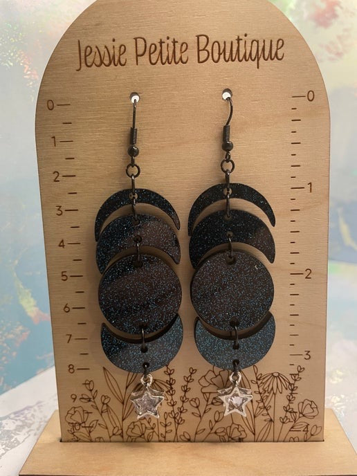Boucles d'oreilles lunes noire/bleues scintillantes + étoile