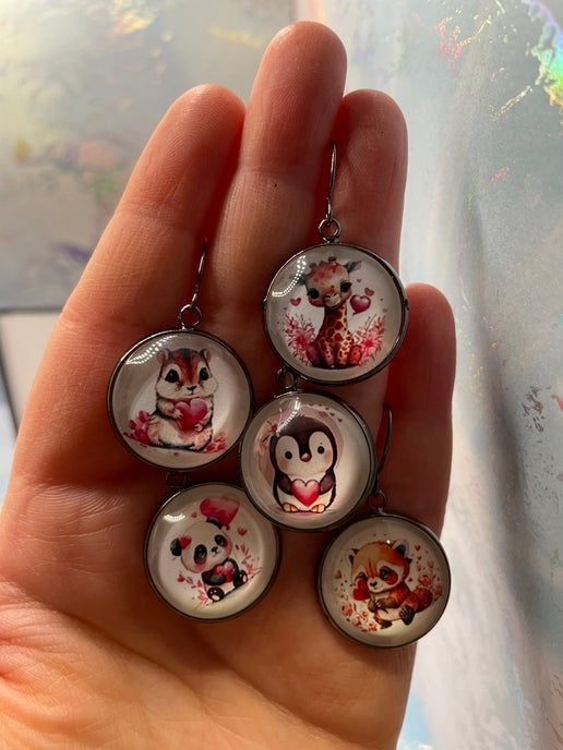 Cute Love Animal Gun Metal Cabochon Earrings