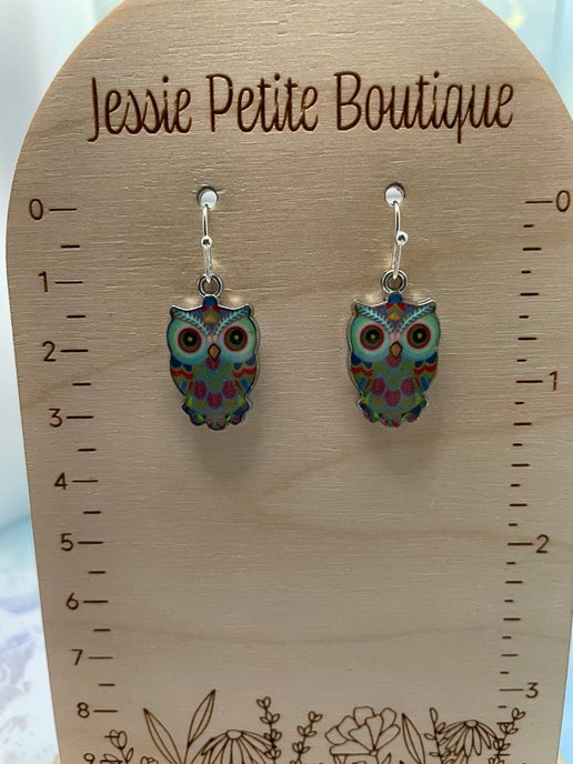 Boucles d'oreilles pendantes en émail motif hibou (4 options de couleurs)
