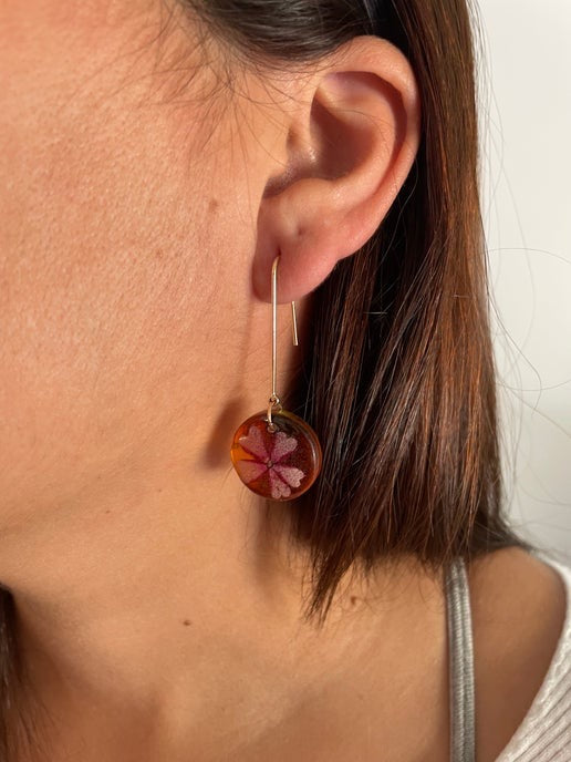 Dried Flower on Orange/Red Resin Round Dangle Earrings -NICKEL FREE