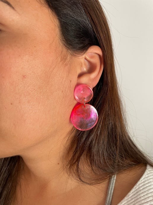 Pink And Clear Resin Circle Earrings -PLASTIC