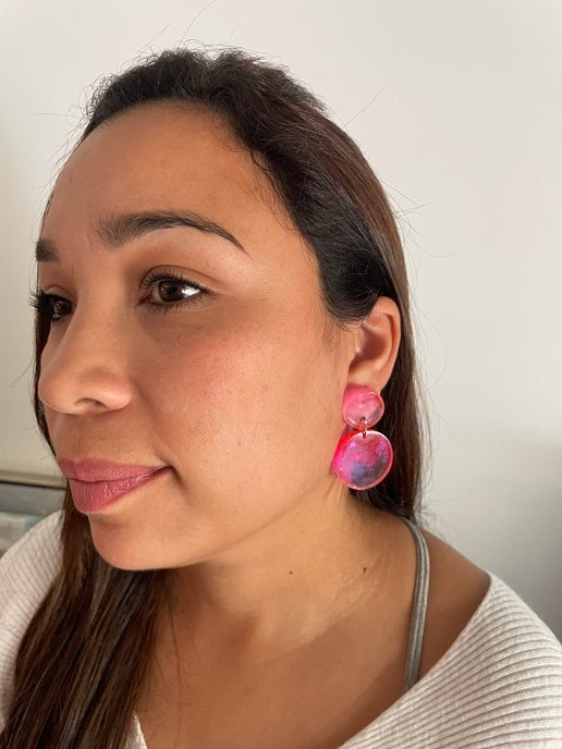 Pink And Clear Resin Circle Earrings -PLASTIC