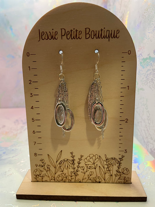 Boucles d'oreilles ovales, feuille argent et chaîne