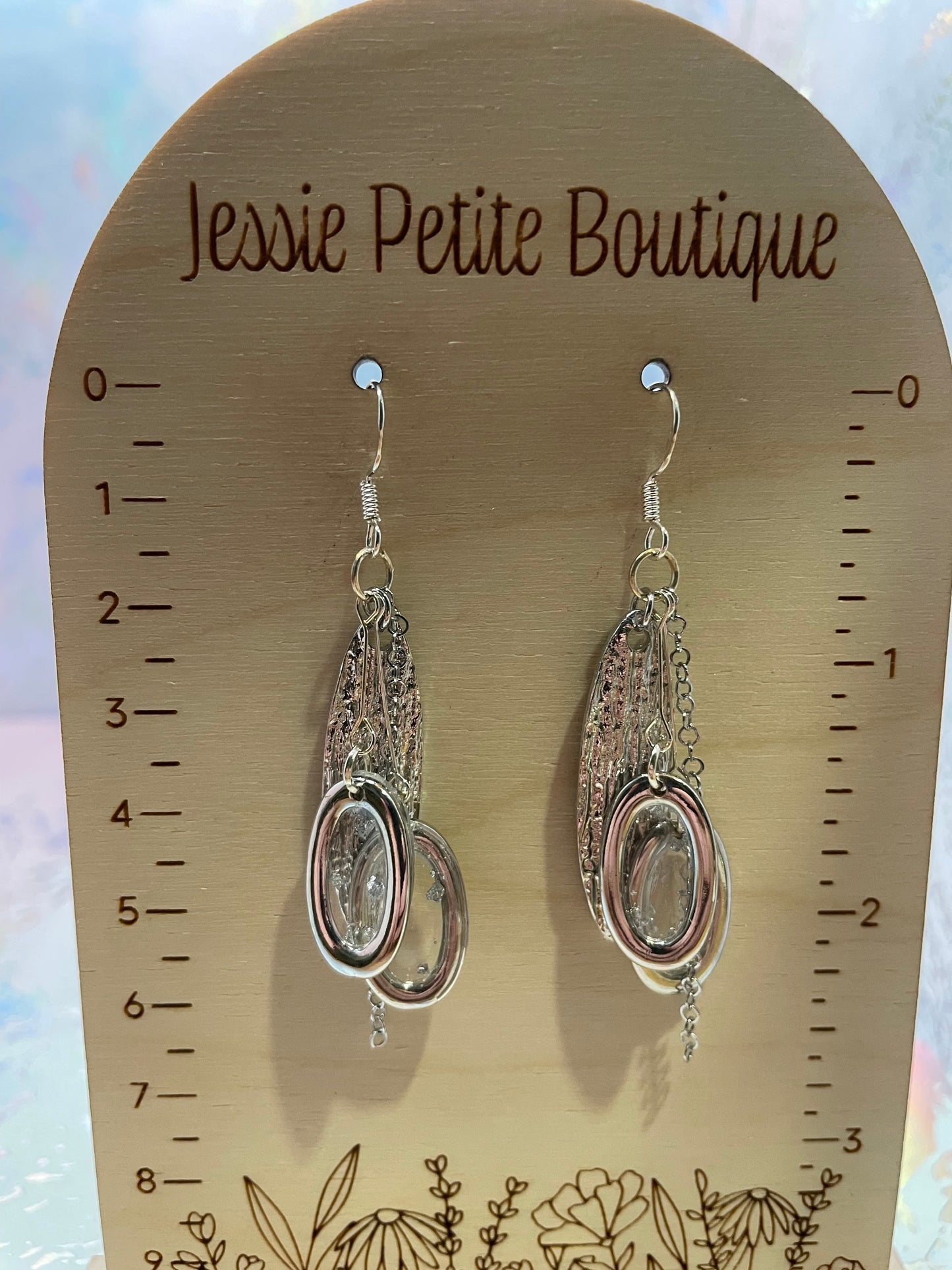 Boucles d'oreilles ovales, feuille argent et chaîne