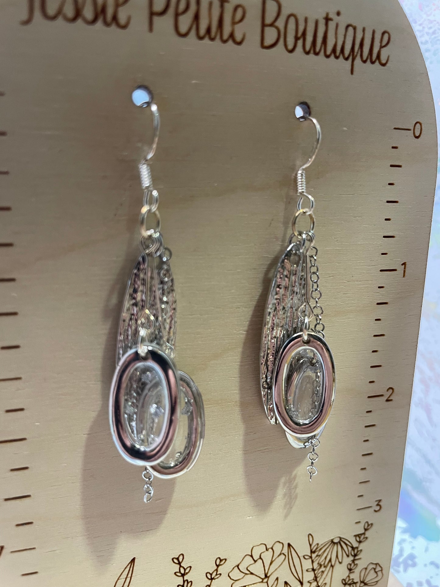 Boucles d'oreilles ovales, feuille argent et chaîne