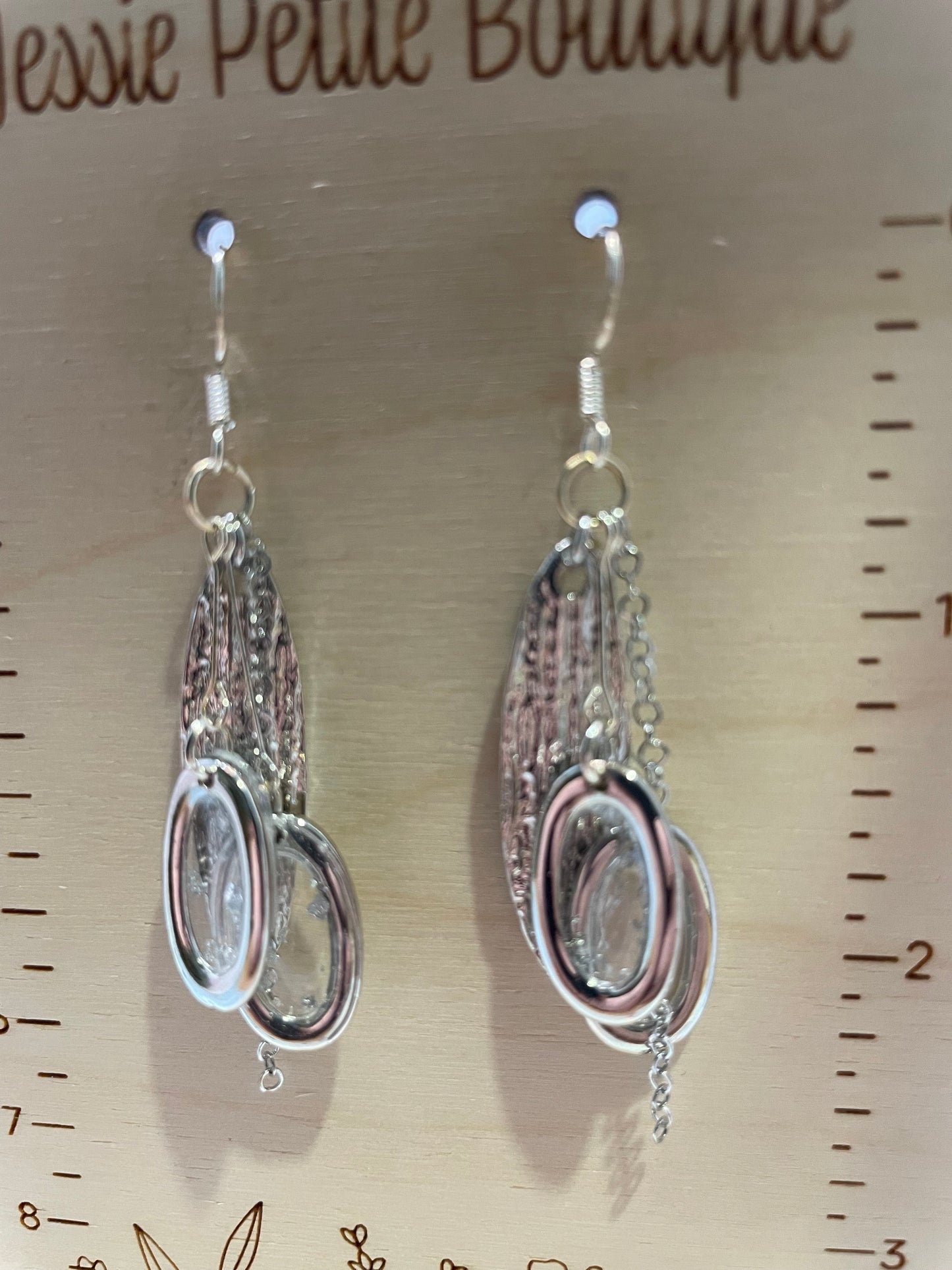 Boucles d'oreilles ovales, feuille argent et chaîne