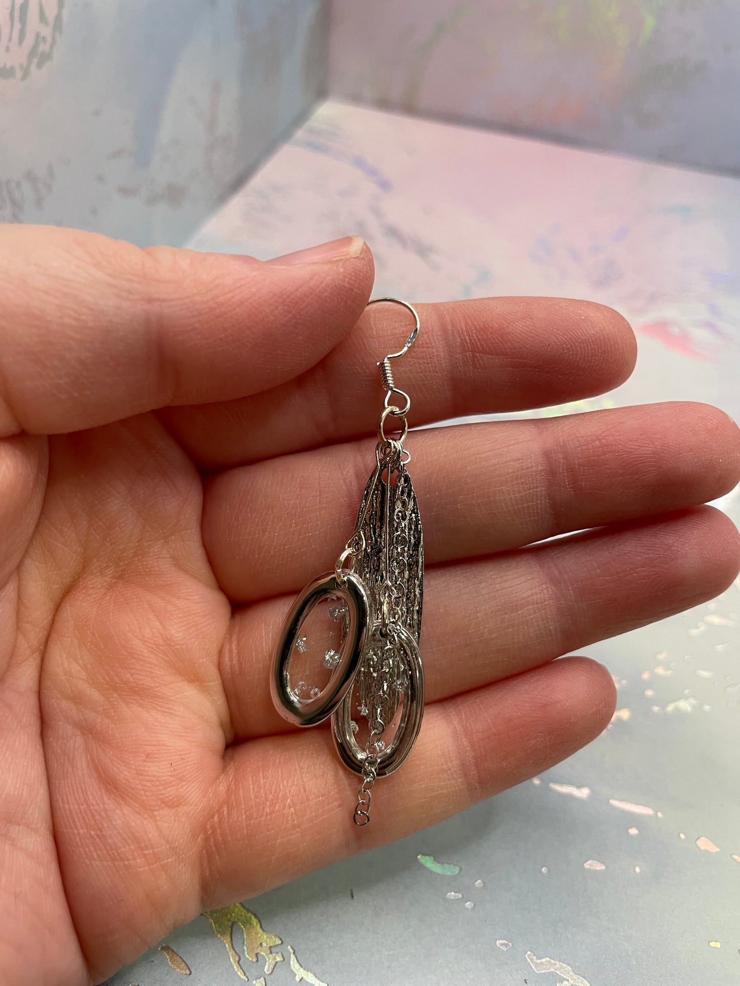 Boucles d'oreilles ovales, feuille argent et chaîne