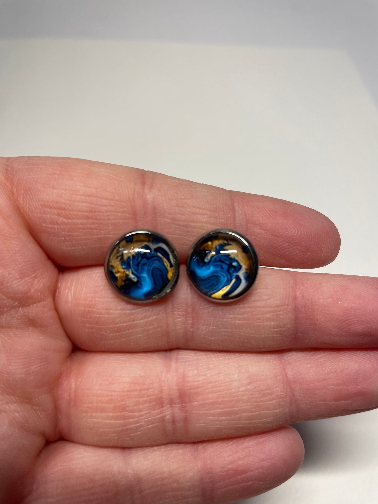 Blue Marble Stud Earrings – Stainless Steel & Nickel-Free