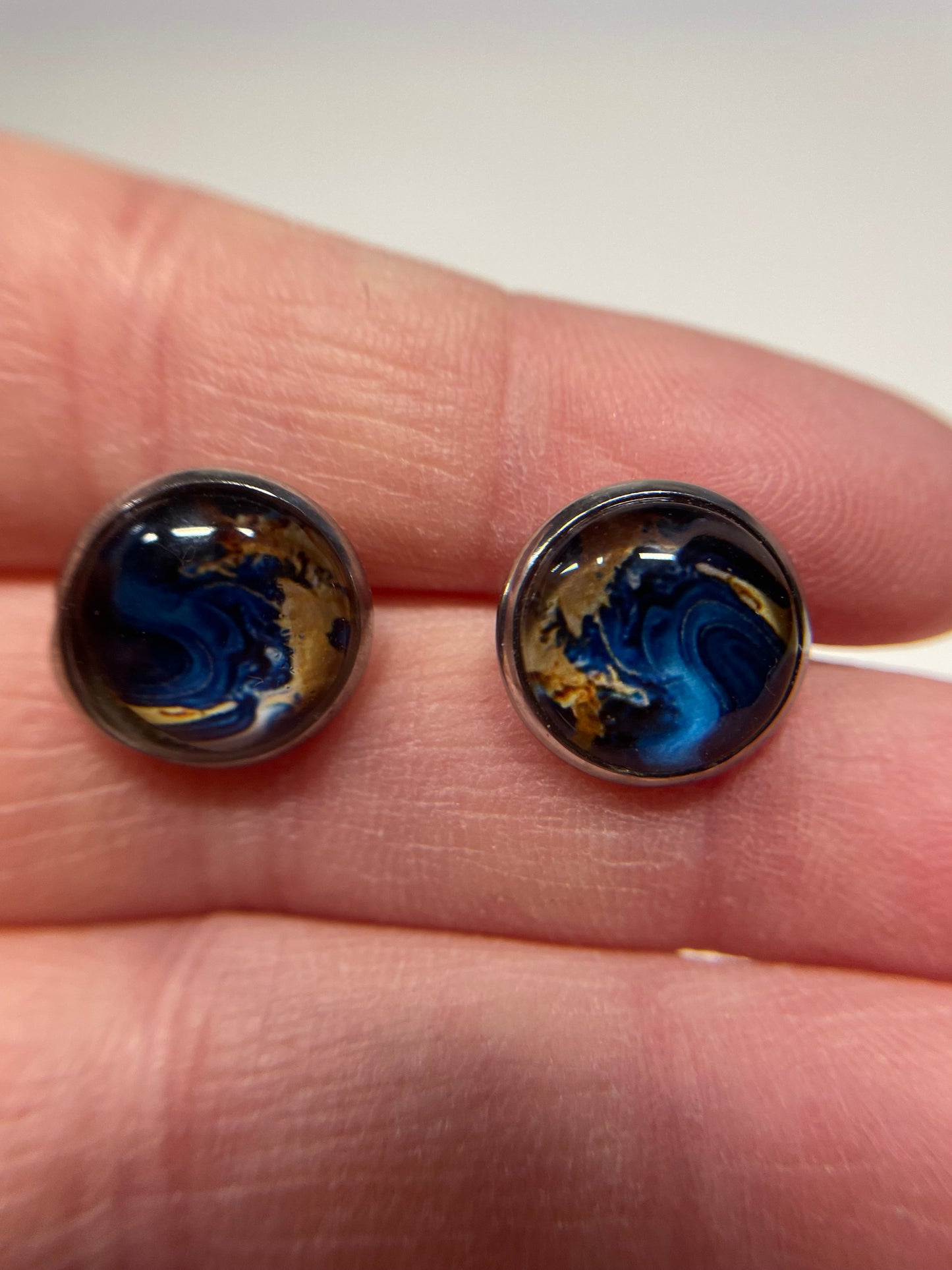 Blue Marble Stud Earrings – Stainless Steel & Nickel-Free