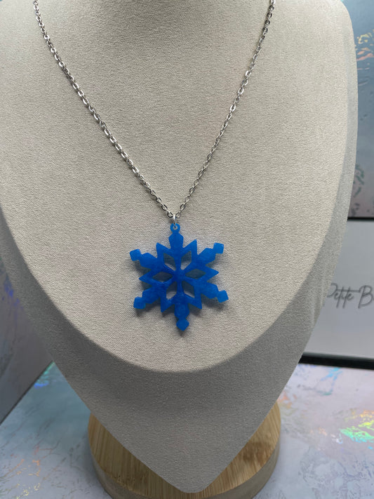 Blue Snowflake Pendant Necklace, 24'' silver chain
