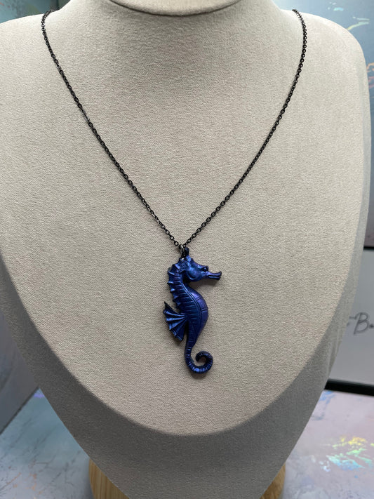Chameleon Blue Seahorse Necklace 20''black chain NICKEL FREE