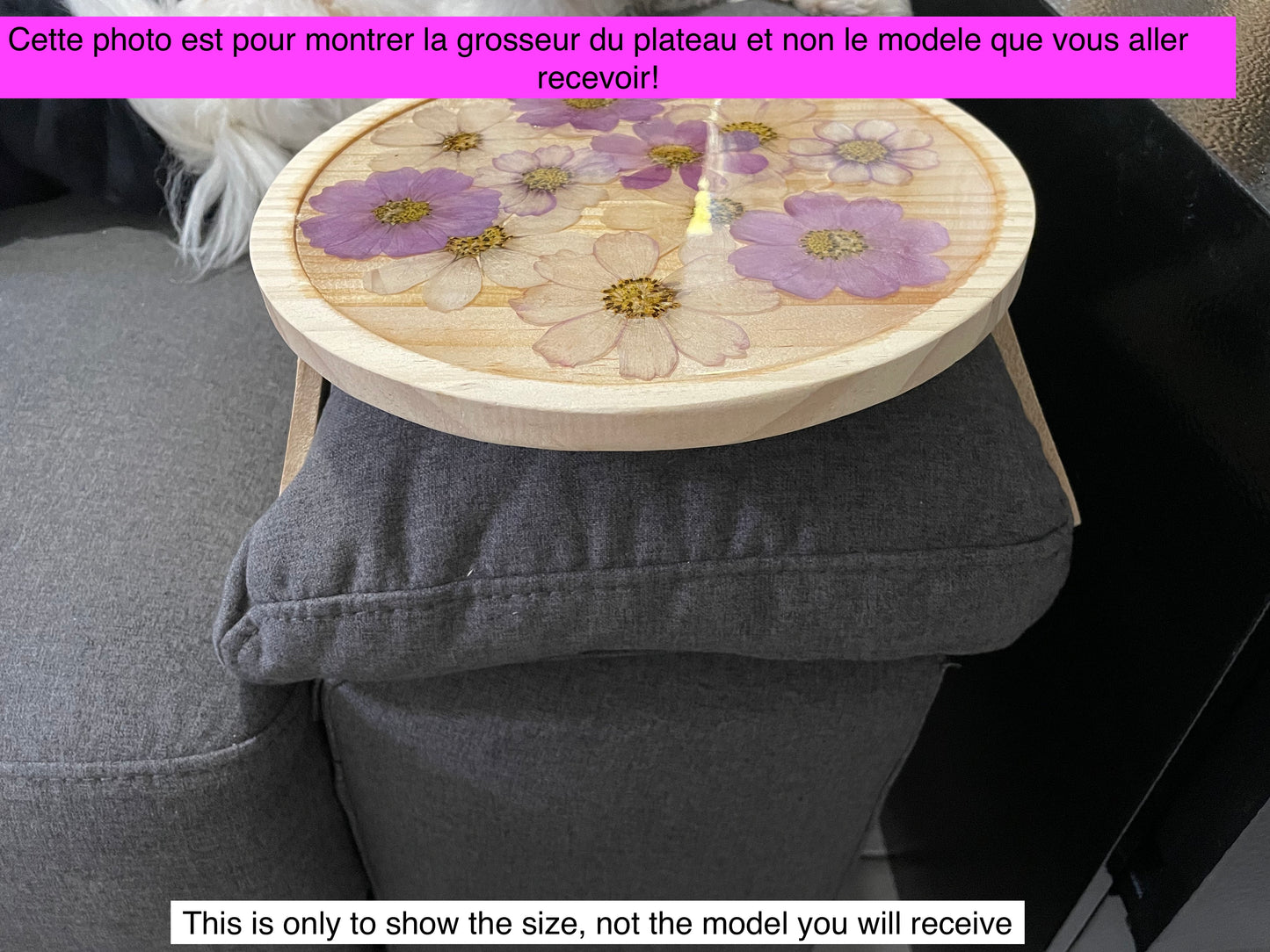 Plateau pour divan en bois avec de vraies fleurs séchées