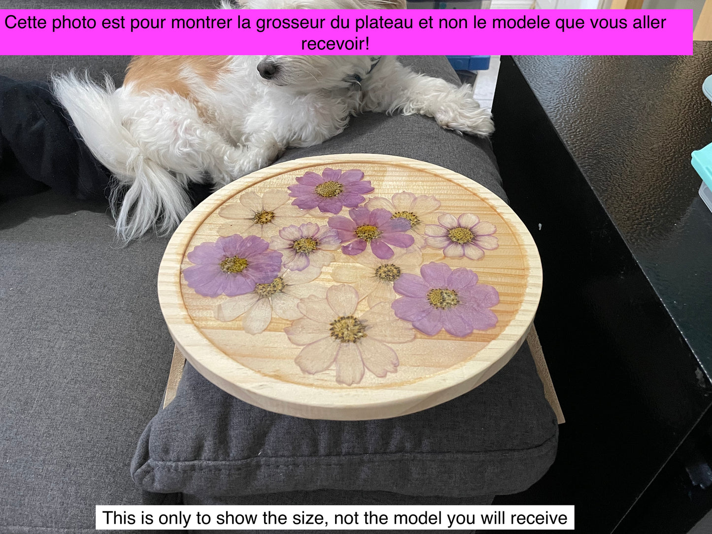 Plateau pour divan en bois avec de vraies fleurs séchées