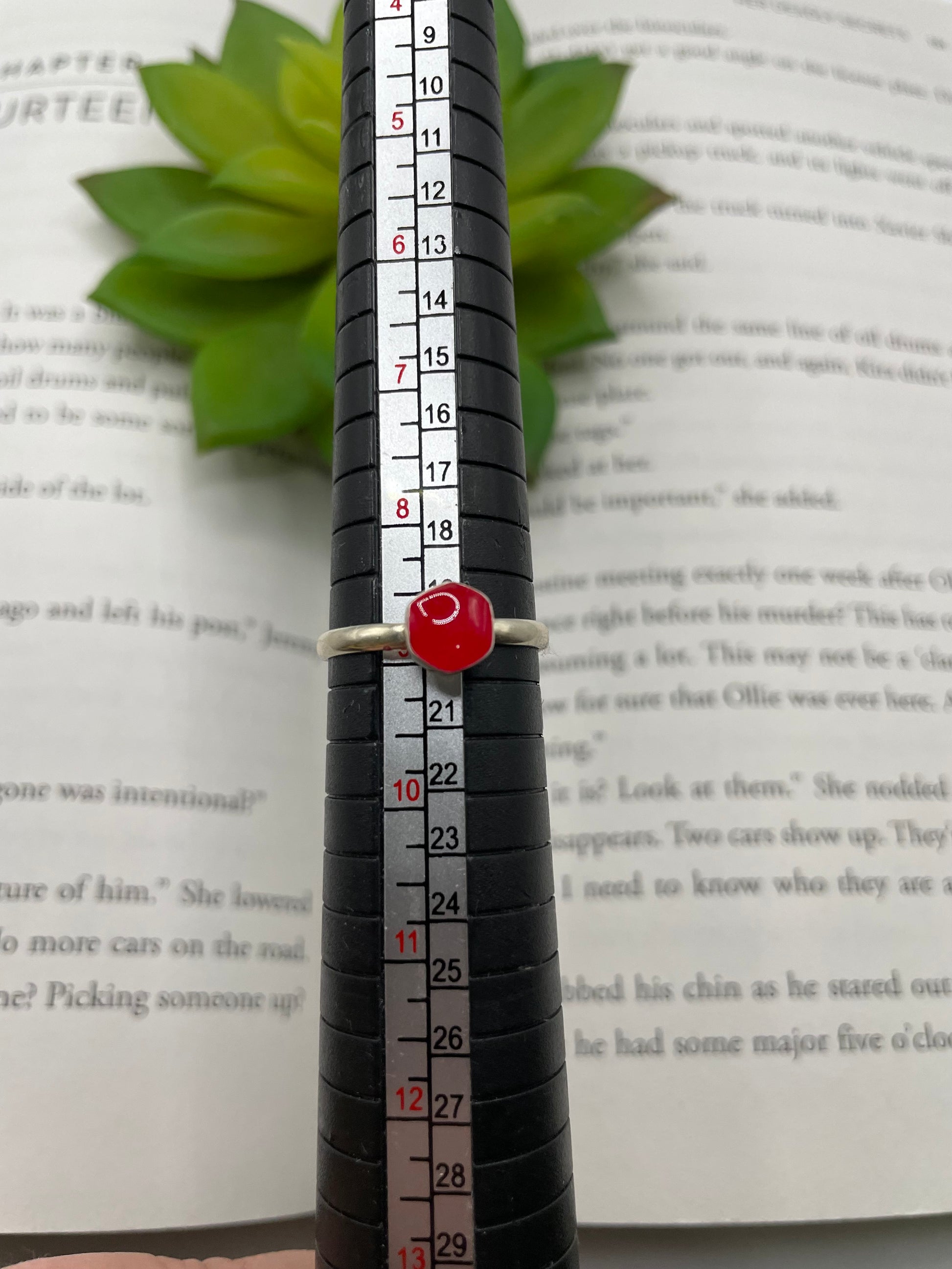 Red ring with white band on a ruler over an open book