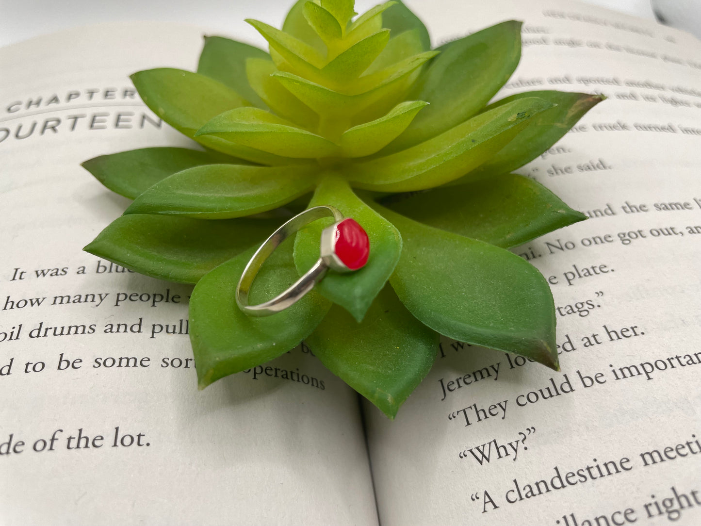 Ring with a red gemstone on a green succulent leaf over an open book