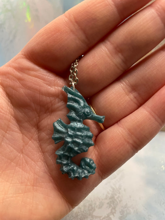 Teal Seahorse Necklace - 25" Silver Chain