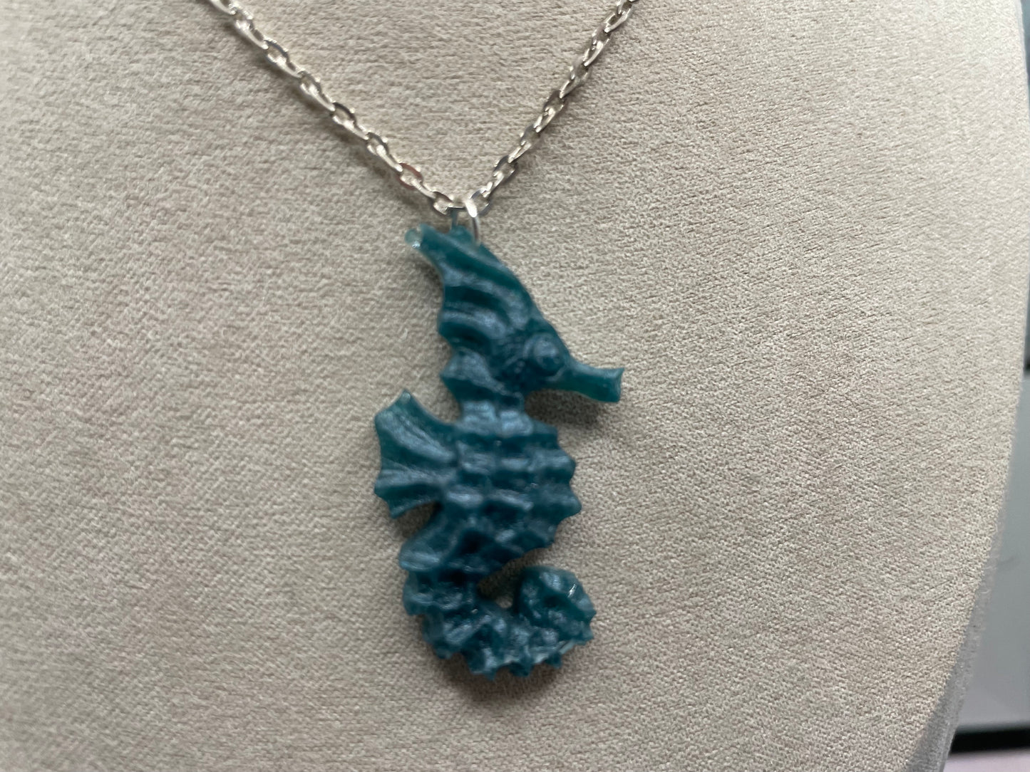 Collier hippocampe bleu sarcelle - Chaîne en argent de 63 cm