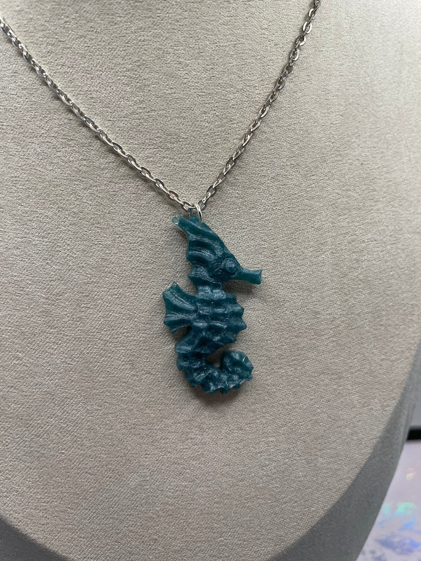 Collier hippocampe bleu sarcelle - Chaîne en argent de 63 cm