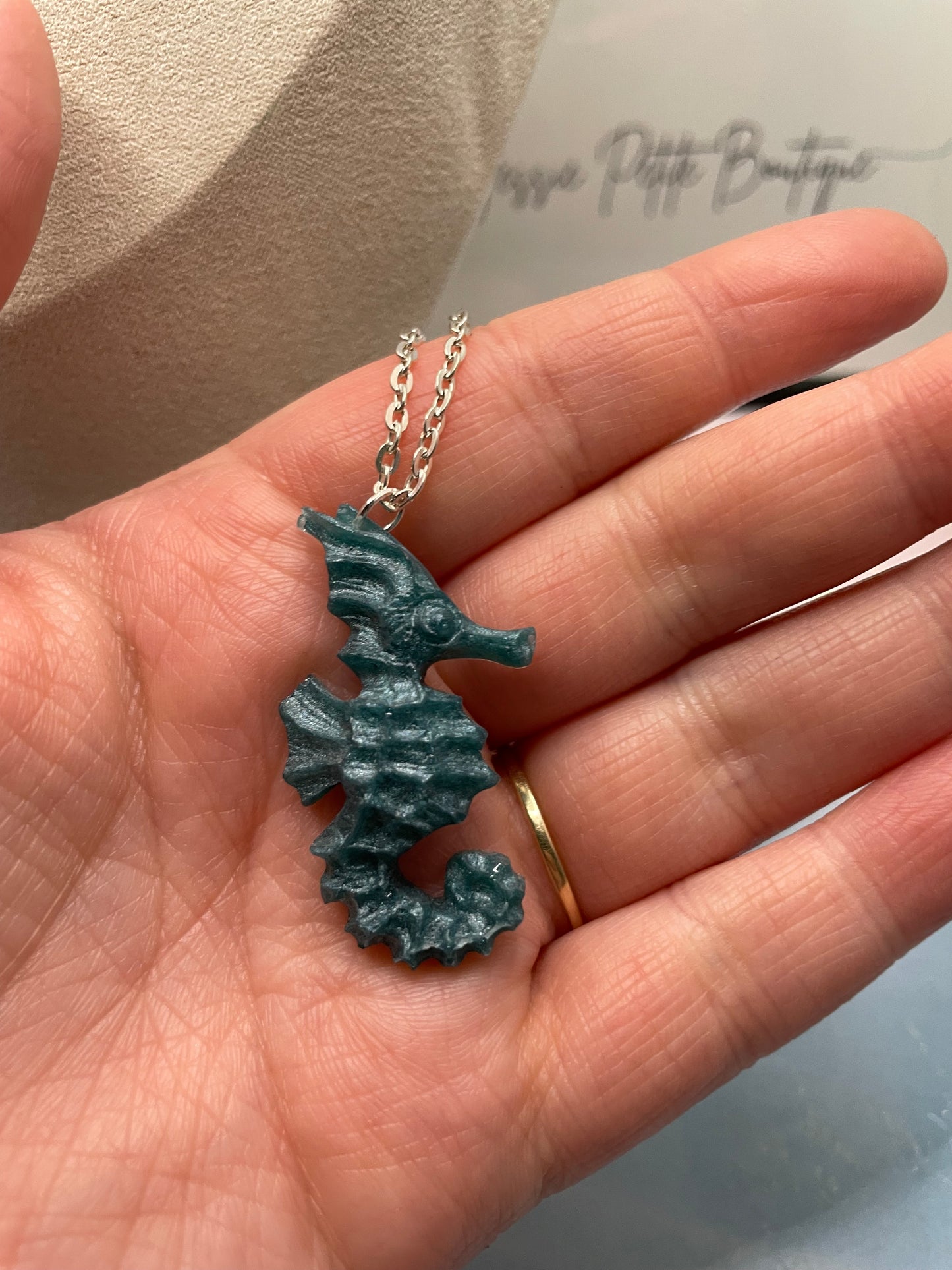 Collier hippocampe bleu sarcelle - Chaîne en argent de 63 cm
