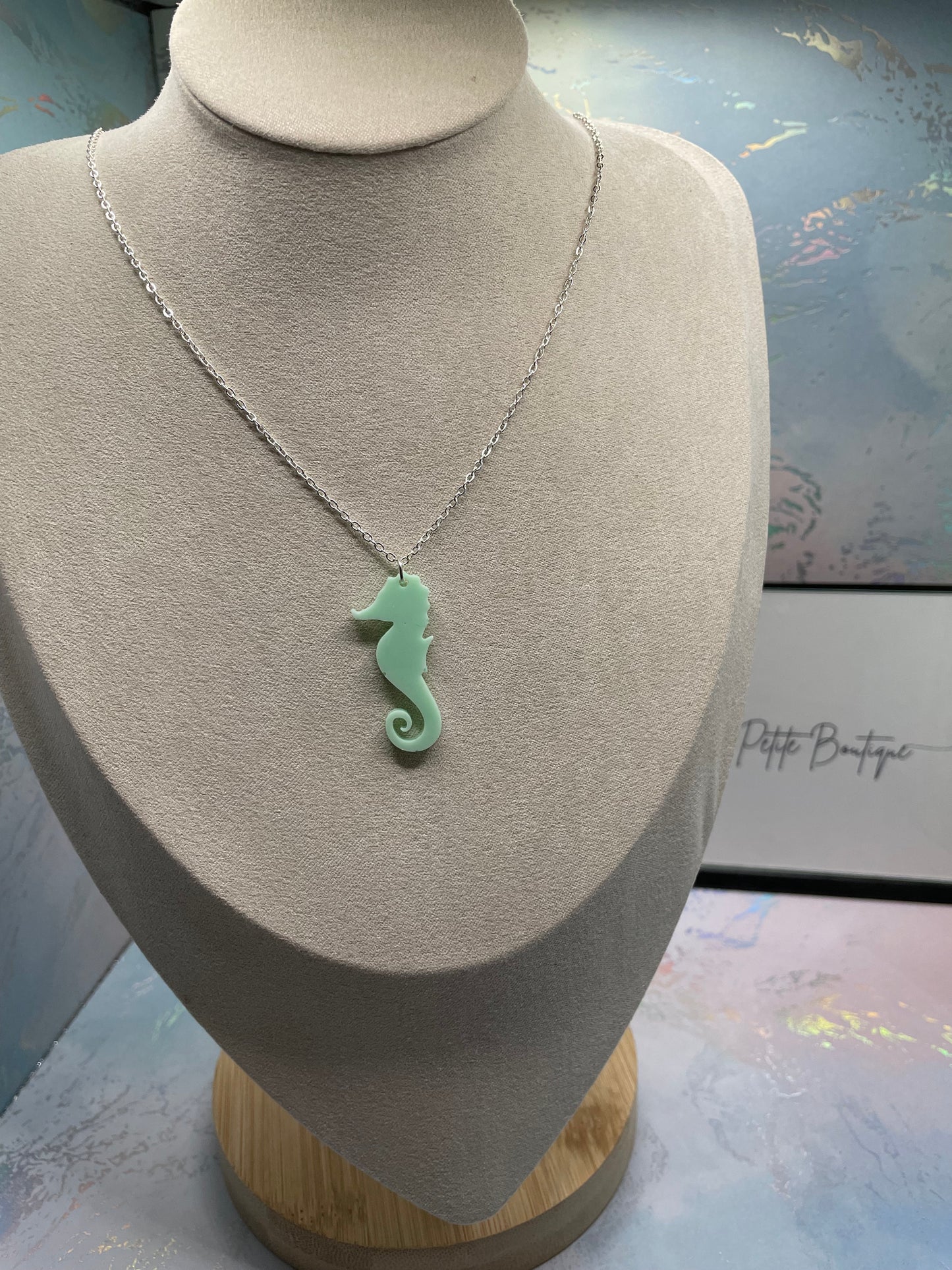 Tiffany Green Seahorse Necklace-25'' silver chain -NICKEL FREE