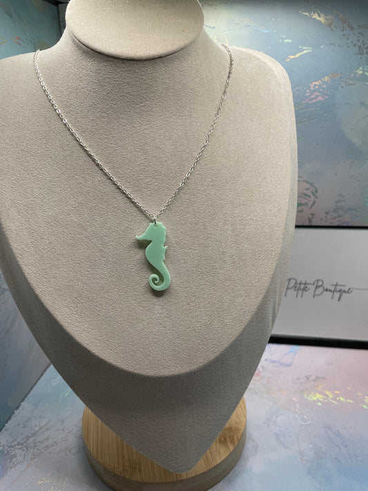 Tiffany Green Seahorse Necklace-25'' silver chain -NICKEL FREE