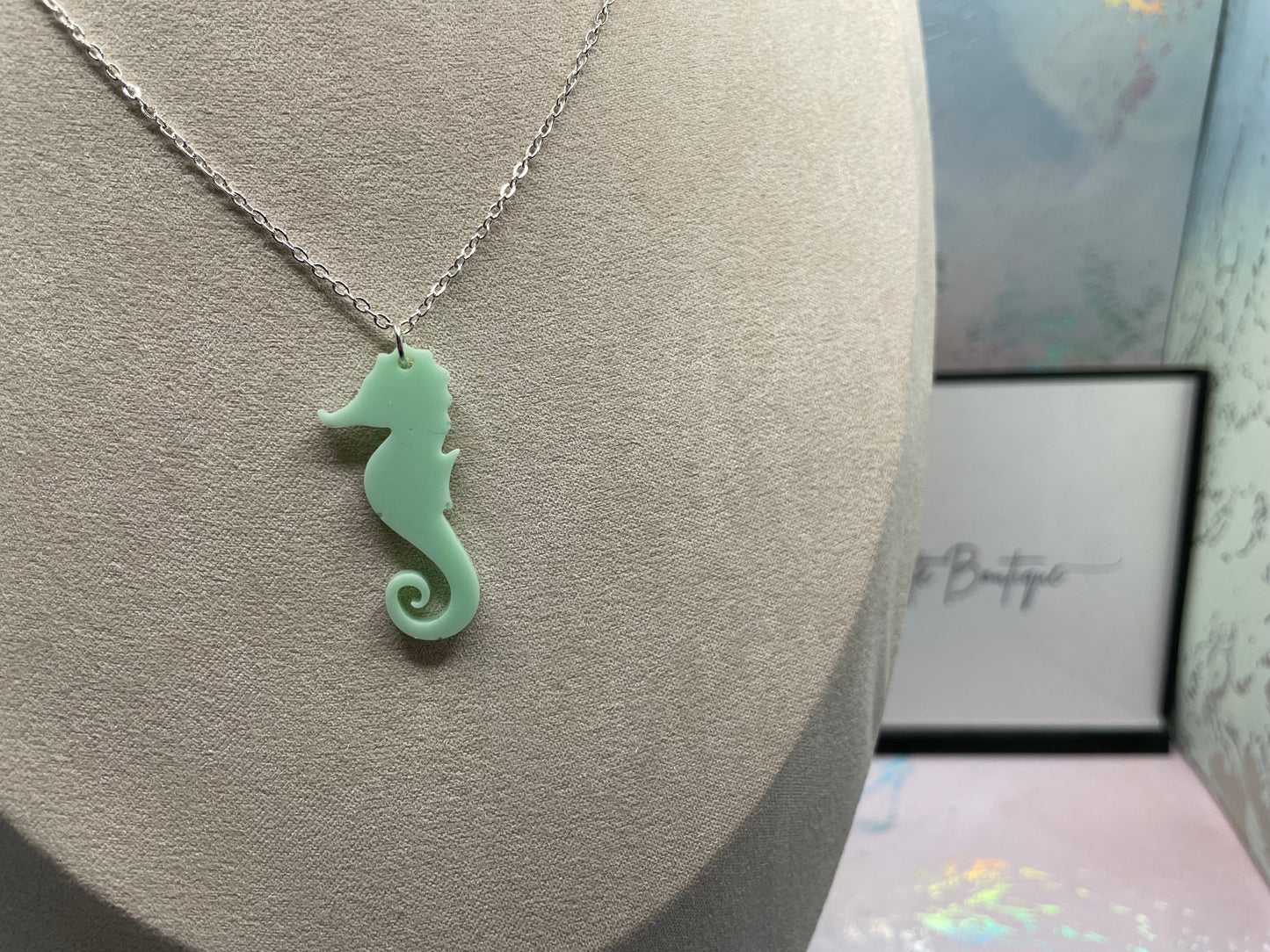 Tiffany Green Seahorse Necklace-25'' silver chain -NICKEL FREE