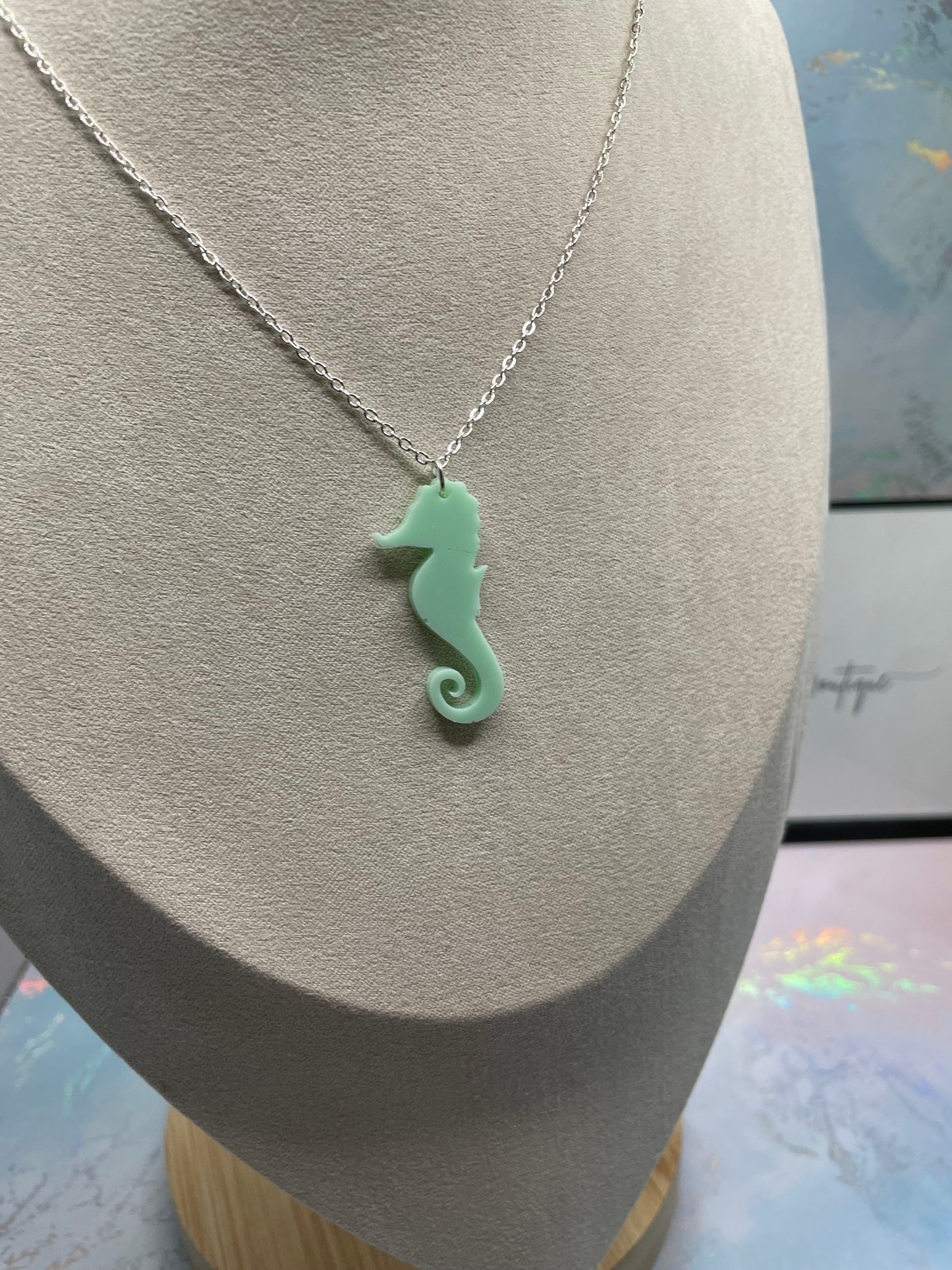 Tiffany Green Seahorse Necklace-25'' silver chain -NICKEL FREE
