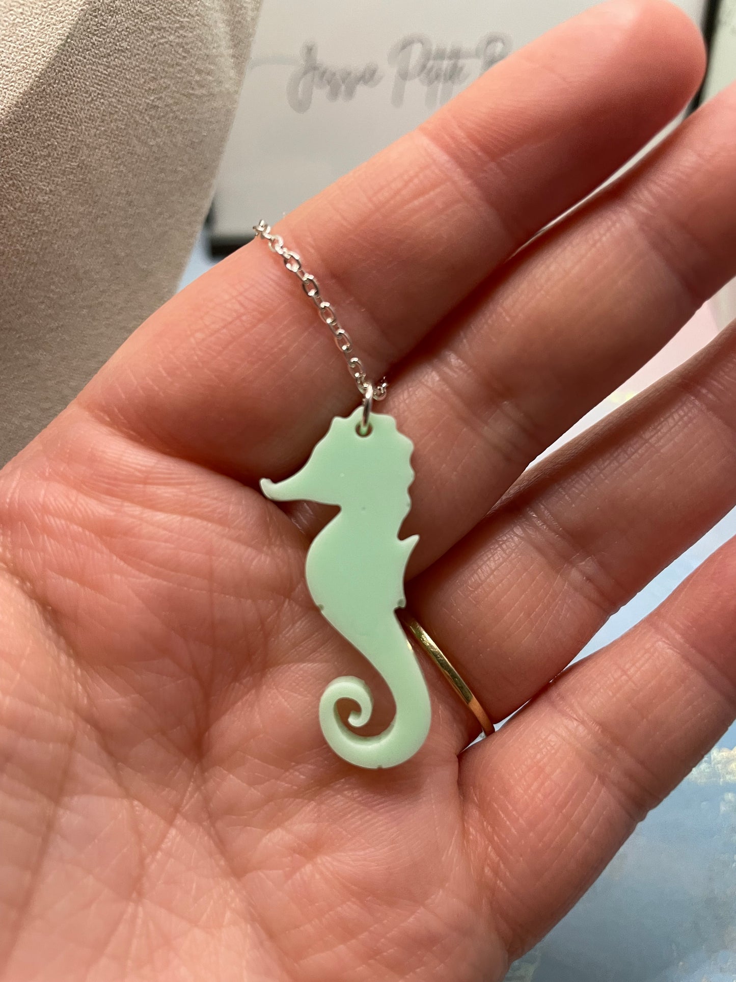 Tiffany Green Seahorse Necklace-25'' silver chain -NICKEL FREE