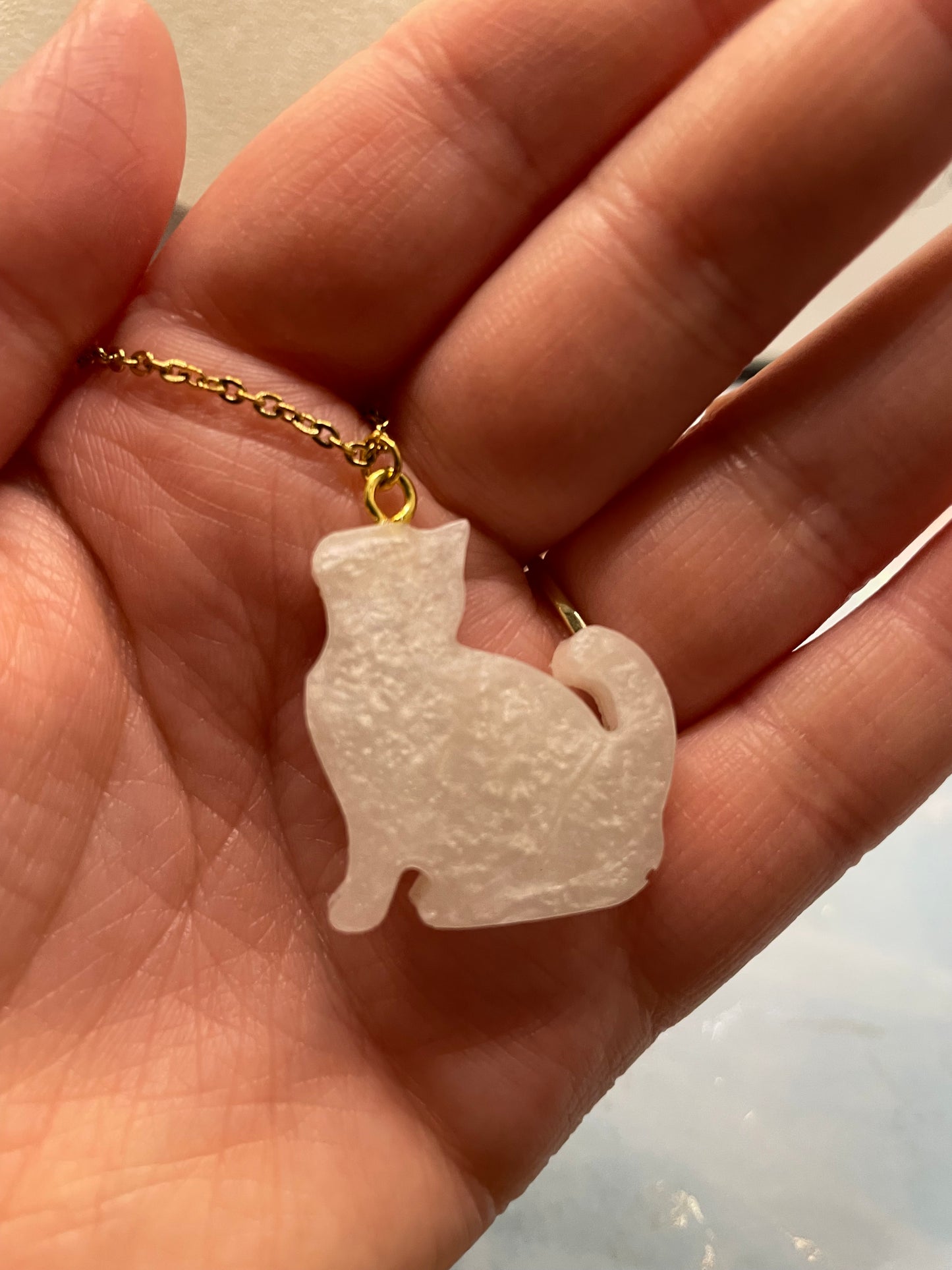White Cat Necklace -17" Gold Chain STAINLESS STEEL+NICKEL FREE